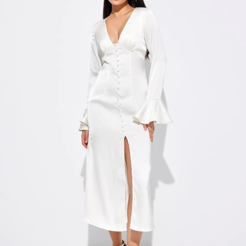 Cider Satin Solid V-neck Maci Dress